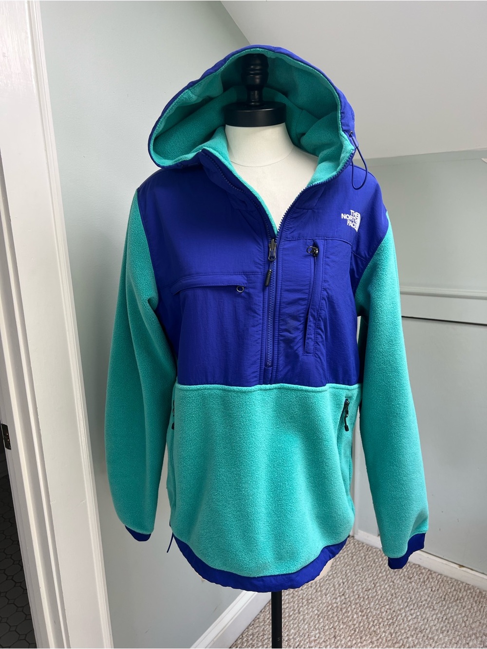 The North Face Men Denali Anorak Teal Blue Colorblock Hood Fleece Pullover MED